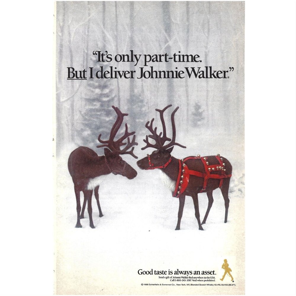 Johnny Walker Red Delivered by Reindeers Christmas 1980s Vintage Print Ad